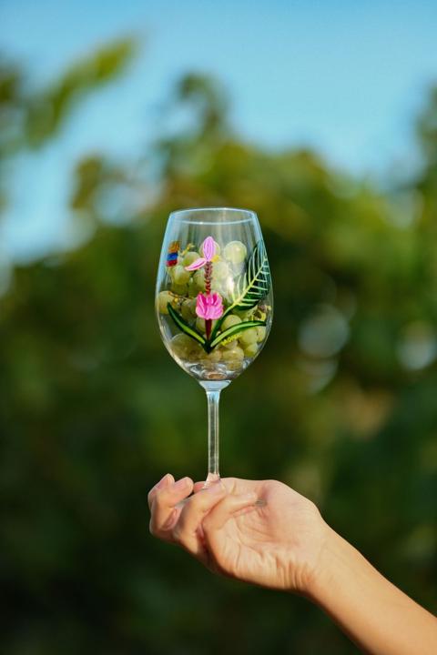 Copo de vinho pintado à mão pela Mona, com motivo floral do Pacífico colombiano